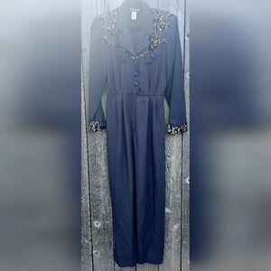 Vintage John Roberts Black Jumpsuit With Gold And Burgundy Floral Velvet Embelli